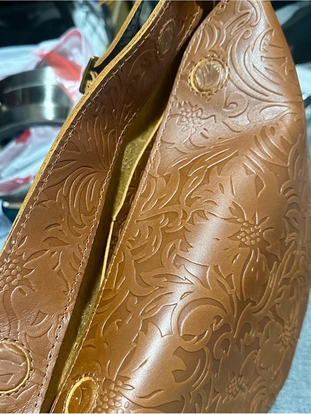 Brown/Tan Decorative Embossed Leather Sling Bag - Picture 2 of 6